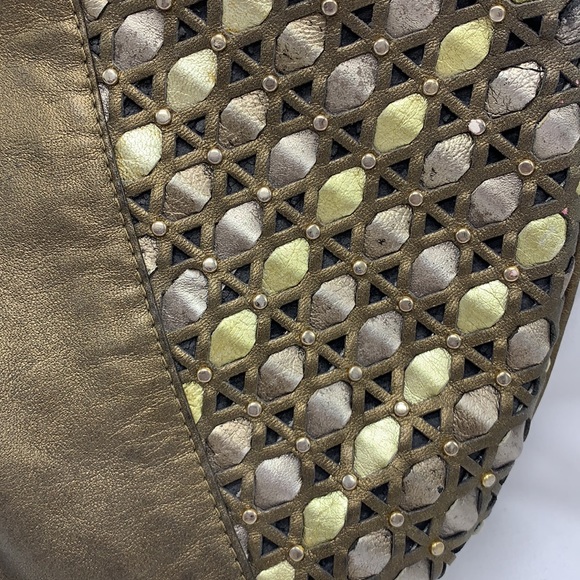 Mima Venezi Italian Leather purse Taupe silver gold braiding - Picture 2 of 8